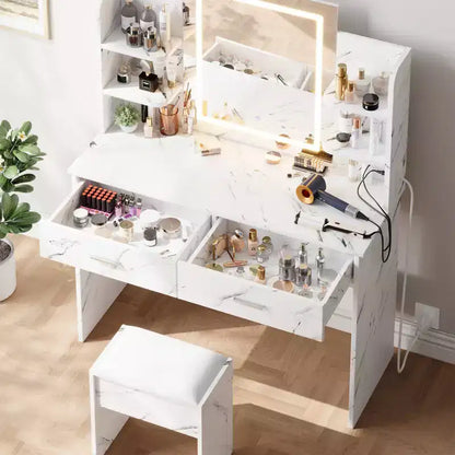 Vanity Desk with Lights Tri-Mode LED Lighted Mirror & Charging Station Makeup Vanity Set with 6 Shelves, 2 Drawers and Soft Cushion Stool