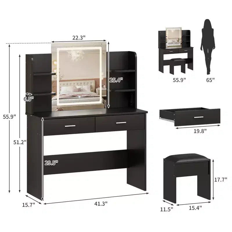 Vanity Desk with Lights Tri-Mode LED Lighted Mirror & Charging Station Makeup Vanity Set with 6 Shelves, 2 Drawers and Soft Cushion Stool