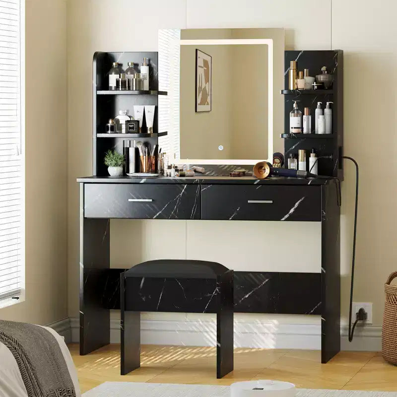 Vanity Desk with Lights Tri-Mode LED Lighted Mirror & Charging Station Makeup Vanity Set with 6 Shelves, 2 Drawers and Soft Cushion Stool
