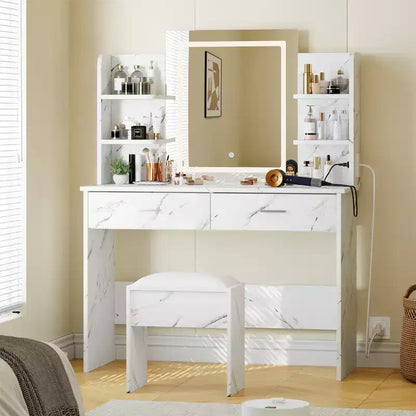 Vanity Desk with Lights Tri-Mode LED Lighted Mirror & Charging Station Makeup Vanity Set with 6 Shelves, 2 Drawers and Soft Cushion Stool