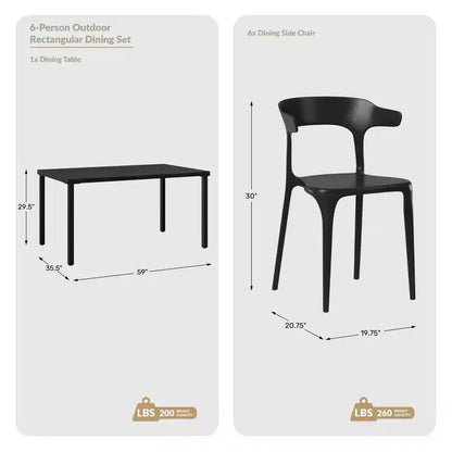 WestinTrends Playa Ensemble de 7 pièces table de salle à manger rectangulaire en métal pour extérieur avec 6 chaises de salle à manger en plastique empilables