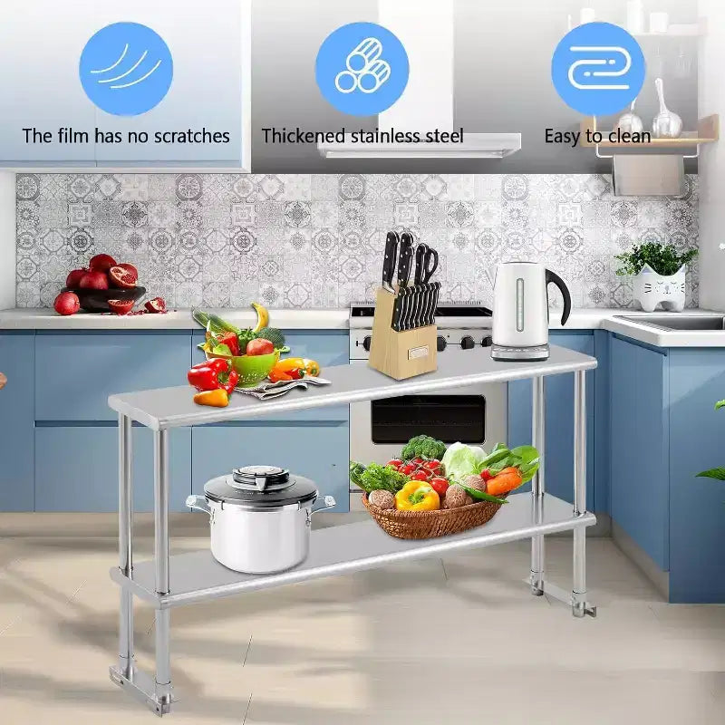 Double Overshelf of Stainless Steel, 12 x 60 Inches Height Adjustable Commercial Shelf Prep Work Table in Restaurant Kitchen Home