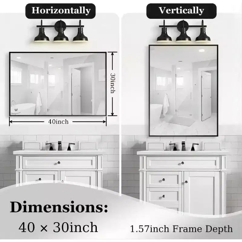 Acekool Miroir de salle de bain 40x30 pouces, miroir mural rectangulaire moderne avec cadre en métal, coins carrés, pour salon et entrées 40x30in