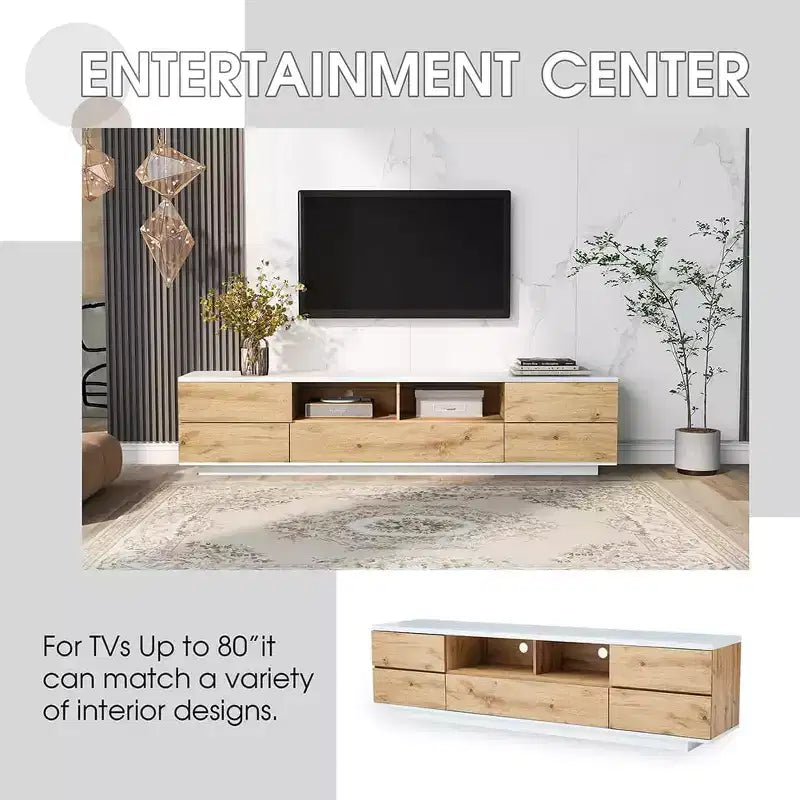Meuble TV moderne pour téléviseurs jusqu'à 80'', console multimédia avec rangement multifonctionnel, centre de divertissement avec dispositif de porte à rebond, meuble TV