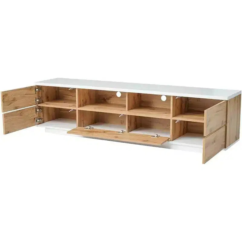 Meuble TV moderne pour téléviseurs jusqu'à 80'', console multimédia avec rangement multifonctionnel, centre de divertissement avec dispositif de porte à rebond, meuble TV