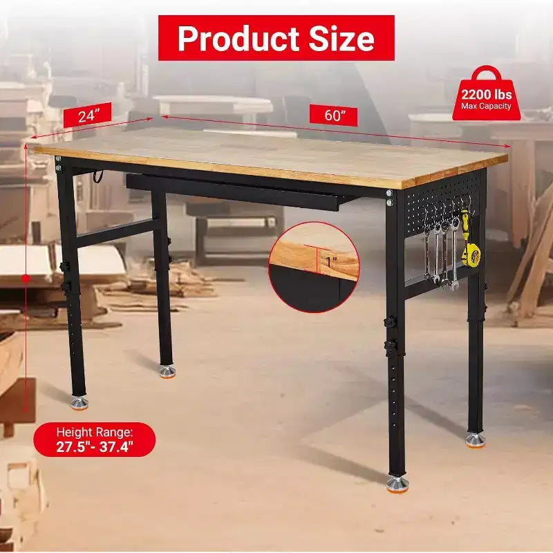 Acekool Adjustable Workbench with Power Outlet, 2200lb Capacity Steel Frame Work Table