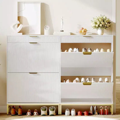 Acekool Fluted Shoe Cabinet, Wave Pattern 2 Flip Drawer Slim Organizer with Gold Handles, Entryway Storage Rack