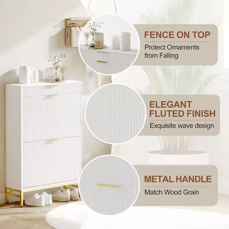 Acekool Fluted Shoe Cabinet, Wave Pattern 2 Flip Drawer Slim Organizer with Gold Handles, Entryway Storage Rack