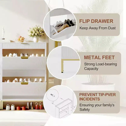 Acekool Fluted Shoe Cabinet, Wave Pattern 2 Flip Drawer Slim Organizer with Gold Handles, Entryway Storage Rack