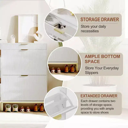 Acekool Fluted Shoe Cabinet, Wave Pattern 2 Flip Drawer Slim Organizer with Gold Handles, Entryway Storage Rack