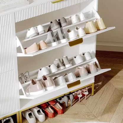 Acekool Fluted Shoe Cabinet, Wave Pattern 2 Flip Drawer Slim Organizer with Gold Handles, Entryway Storage Rack