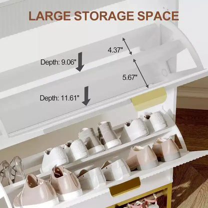Acekool Fluted Shoe Cabinet, Wave Pattern 2 Flip Drawer Slim Organizer with Gold Handles, Entryway Storage Rack