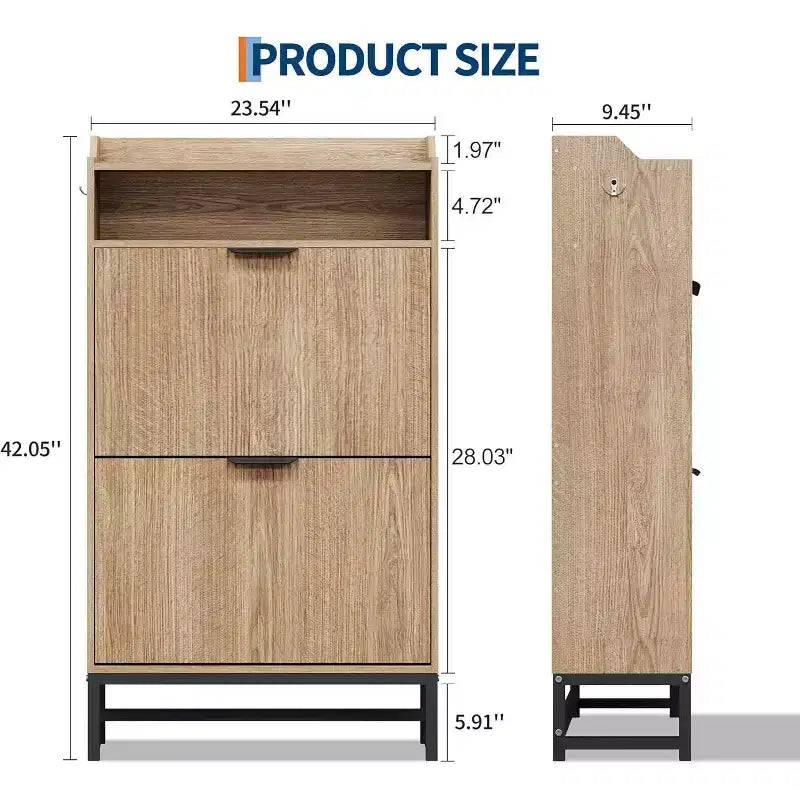 Acekool Fluted Shoe Cabinet, Wave Pattern 2 Flip Drawer Slim Organizer with Gold Handles, Entryway Storage Rack