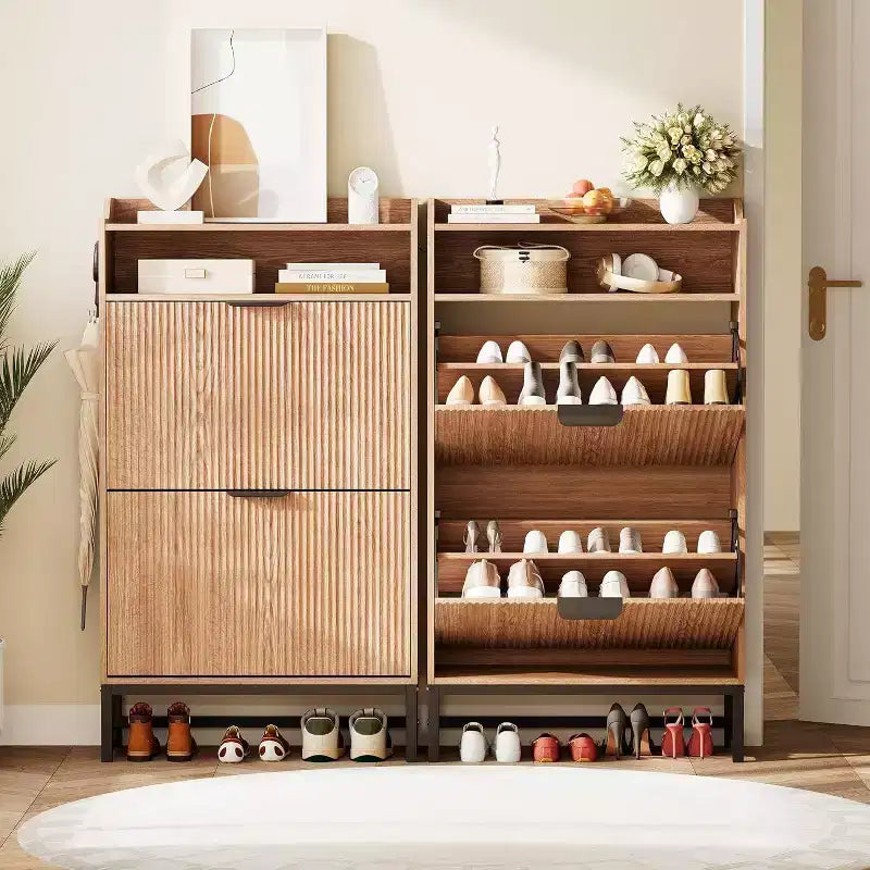 Acekool Fluted Shoe Cabinet, Wave Pattern 2 Flip Drawer Slim Organizer with Gold Handles, Entryway Storage Rack