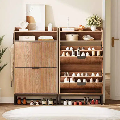 Acekool Fluted Shoe Cabinet, Wave Pattern 2 Flip Drawer Slim Organizer with Gold Handles, Entryway Storage Rack