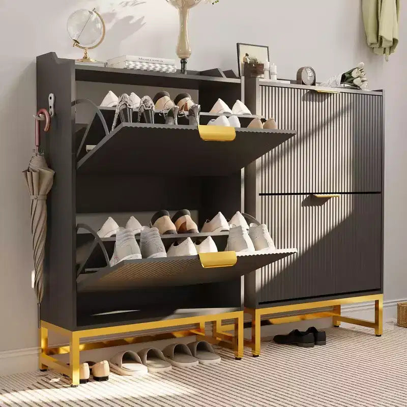Acekool Fluted Shoe Cabinet, Wave Pattern 2 Flip Drawer Slim Organizer with Gold Handles, Entryway Storage Rack