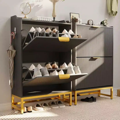 Acekool Fluted Shoe Cabinet, Wave Pattern 2 Flip Drawer Slim Organizer with Gold Handles, Entryway Storage Rack