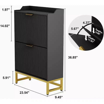Acekool Fluted Shoe Cabinet, Wave Pattern 2 Flip Drawer Slim Organizer with Gold Handles, Entryway Storage Rack