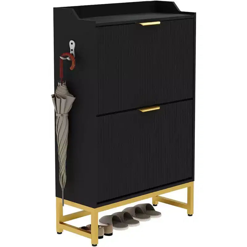 Acekool Fluted Shoe Cabinet, Wave Pattern 2 Flip Drawer Slim Organizer with Gold Handles, Entryway Storage Rack