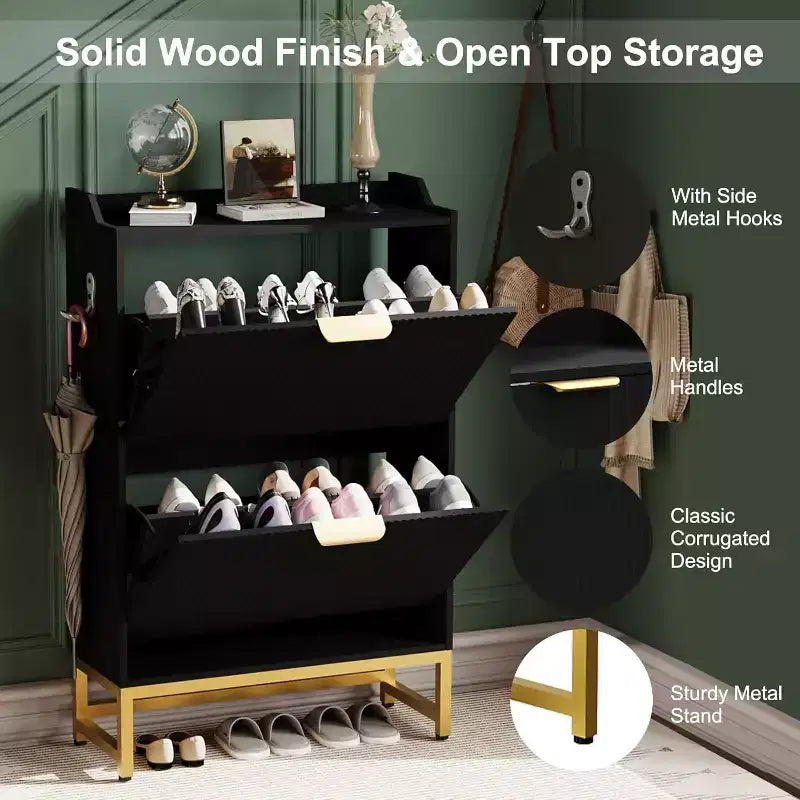 Acekool Fluted Shoe Cabinet, Wave Pattern 2 Flip Drawer Slim Organizer with Gold Handles, Entryway Storage Rack