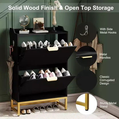Acekool Fluted Shoe Cabinet, Wave Pattern 2 Flip Drawer Slim Organizer with Gold Handles, Entryway Storage Rack