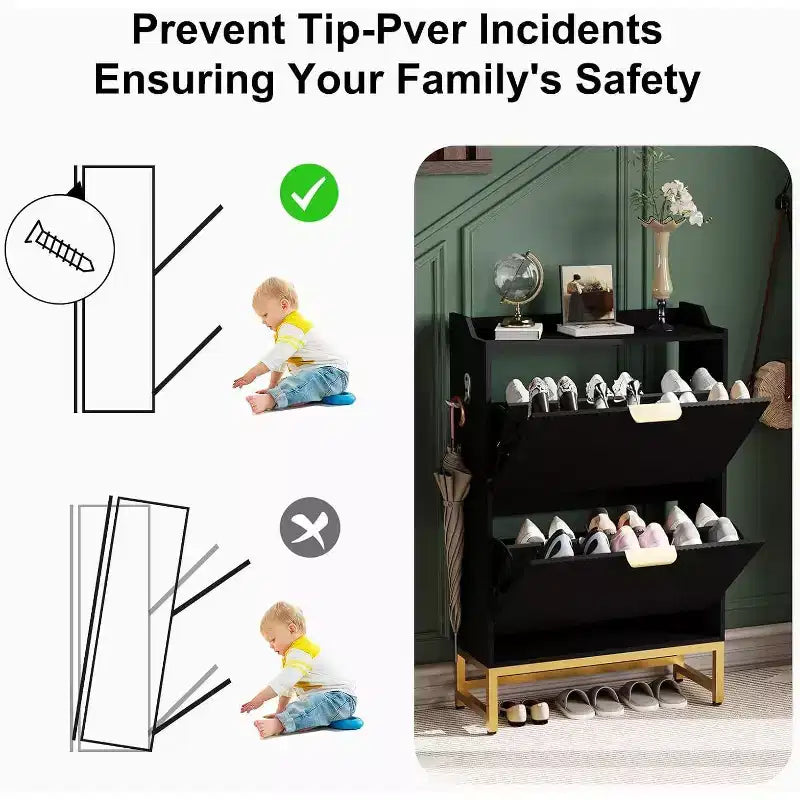 Acekool Fluted Shoe Cabinet, Wave Pattern 2 Flip Drawer Slim Organizer with Gold Handles, Entryway Storage Rack