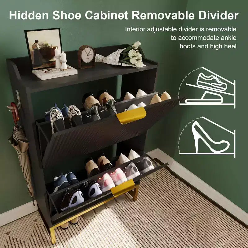Acekool Fluted Shoe Cabinet, Wave Pattern 2 Flip Drawer Slim Organizer with Gold Handles, Entryway Storage Rack