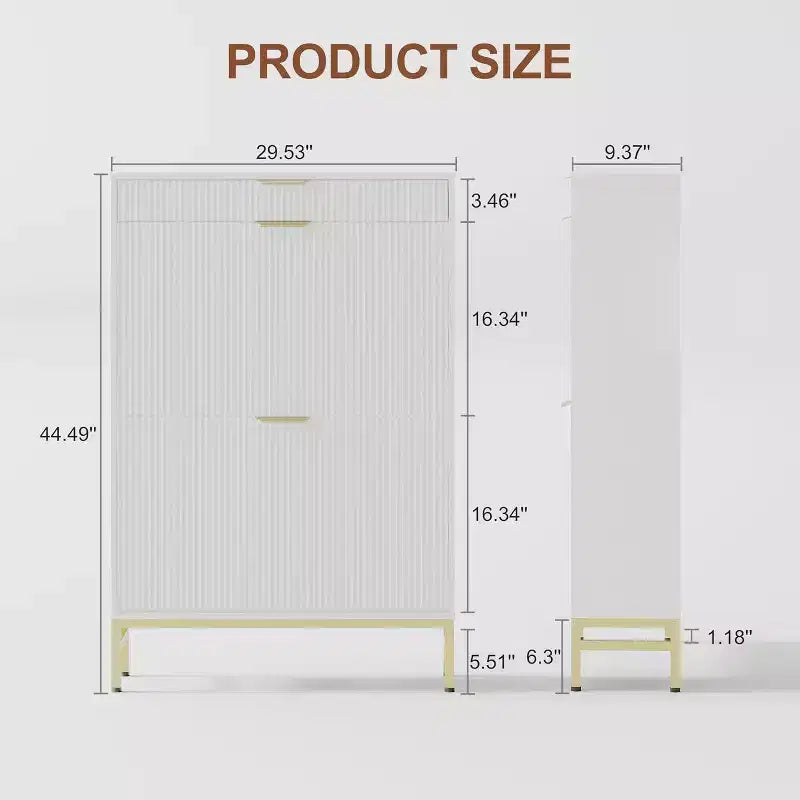 Acekool Fluted Shoe Cabinet, Wave Pattern 2 Flip Drawer Slim Organizer with Gold Handles, Entryway Storage Rack