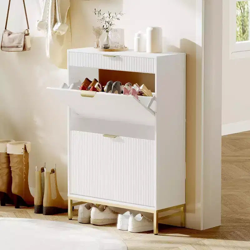 Acekool Fluted Shoe Cabinet, Wave Pattern 2 Flip Drawer Slim Organizer with Gold Handles, Entryway Storage Rack