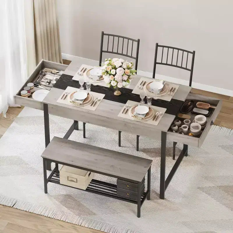 Dining Table Set for 4, Small Kitchen Table and 2 Chairs for 4 with Bench, Space Saving Kitchen Table Set with Storage Rack & Drawers