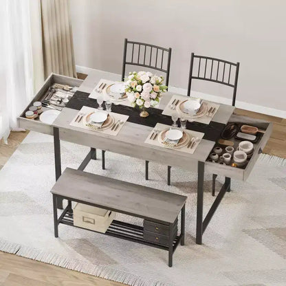 Dining Table Set for 4, Small Kitchen Table and 2 Chairs for 4 with Bench, Space Saving Kitchen Table Set with Storage Rack & Drawers