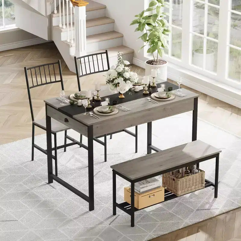 Dining Table Set for 4, Small Kitchen Table and 2 Chairs for 4 with Bench, Space Saving Kitchen Table Set with Storage Rack & Drawers