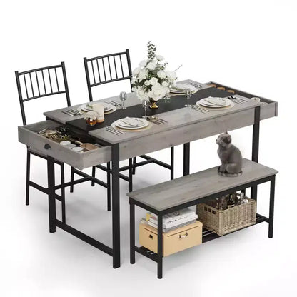 Dining Table Set for 4, Small Kitchen Table and 2 Chairs for 4 with Bench, Space Saving Kitchen Table Set with Storage Rack & Drawers