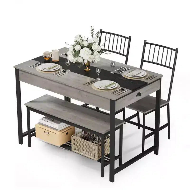 Dining Table Set for 4, Small Kitchen Table and 2 Chairs for 4 with Bench, Space Saving Kitchen Table Set with Storage Rack & Drawers