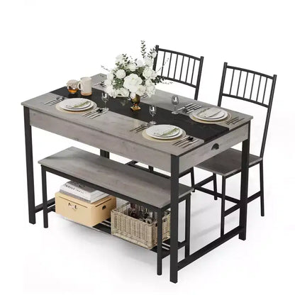 Dining Table Set for 4, Small Kitchen Table and 2 Chairs for 4 with Bench, Space Saving Kitchen Table Set with Storage Rack & Drawers