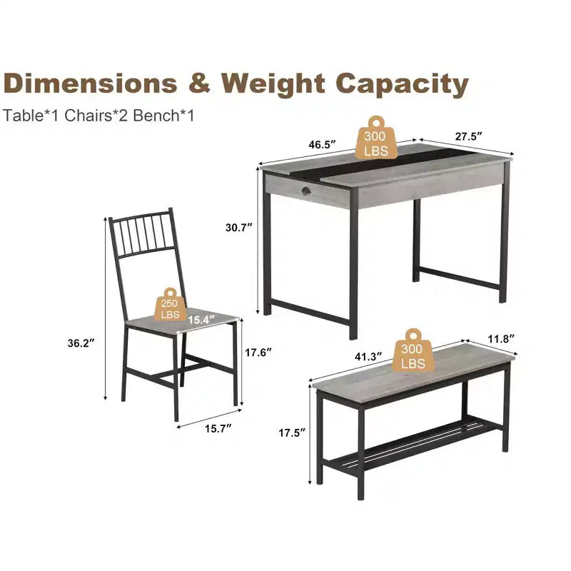 Dining Table Set for 4, Small Kitchen Table and 2 Chairs for 4 with Bench, Space Saving Kitchen Table Set with Storage Rack & Drawers