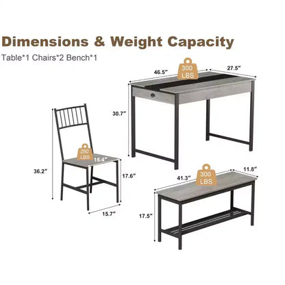 Dining Table Set for 4, Small Kitchen Table and 2 Chairs for 4 with Bench, Space Saving Kitchen Table Set with Storage Rack & Drawers