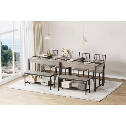 Dining Table Set for 4, Small Kitchen Table and 2 Chairs for 4 with Bench, Space Saving Kitchen Table Set with Storage Rack & Drawers