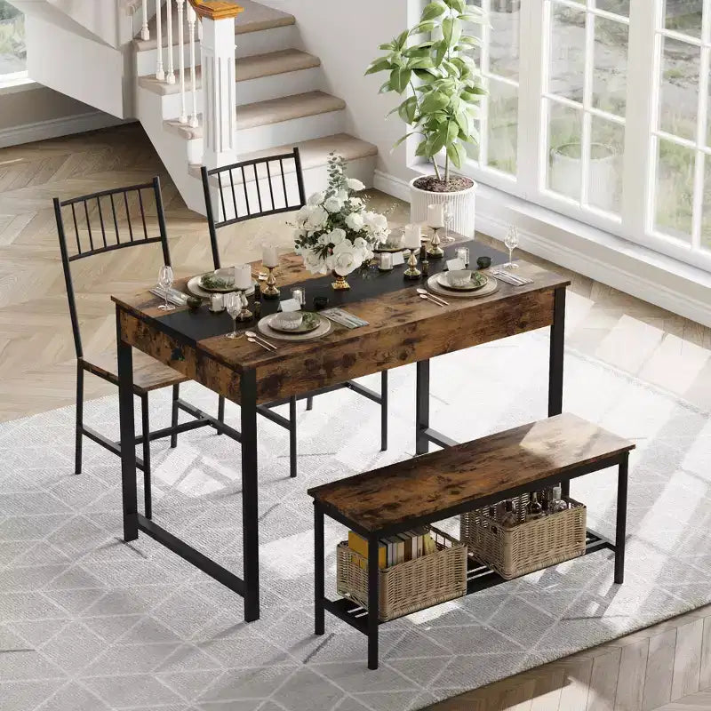 Dining Table Set for 4, Small Kitchen Table and 2 Chairs for 4 with Bench, Space Saving Kitchen Table Set with Storage Rack & Drawers