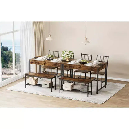Dining Table Set for 4, Small Kitchen Table and 2 Chairs for 4 with Bench, Space Saving Kitchen Table Set with Storage Rack & Drawers