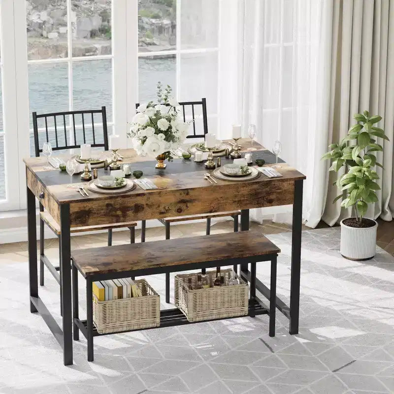 Dining Table Set for 4, Small Kitchen Table and 2 Chairs for 4 with Bench, Space Saving Kitchen Table Set with Storage Rack & Drawers