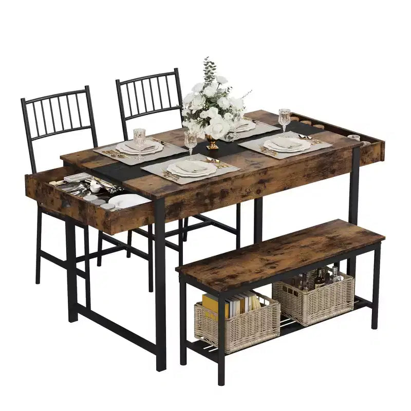 Dining Table Set for 4, Small Kitchen Table and 2 Chairs for 4 with Bench, Space Saving Kitchen Table Set with Storage Rack & Drawers