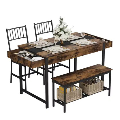 Dining Table Set for 4, Small Kitchen Table and 2 Chairs for 4 with Bench, Space Saving Kitchen Table Set with Storage Rack & Drawers