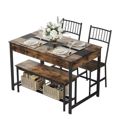 Dining Table Set for 4, Small Kitchen Table and 2 Chairs for 4 with Bench, Space Saving Kitchen Table Set with Storage Rack & Drawers