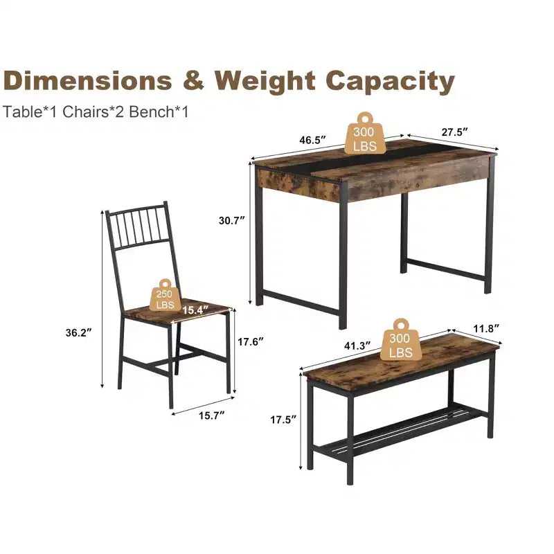 Dining Table Set for 4, Small Kitchen Table and 2 Chairs for 4 with Bench, Space Saving Kitchen Table Set with Storage Rack & Drawers