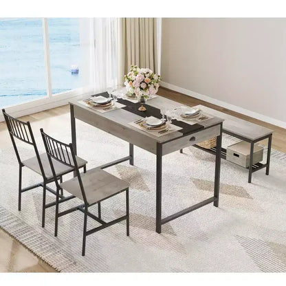 Dining Table Set for 4, Small Kitchen Table and 2 Chairs for 4 with Bench, Space Saving Kitchen Table Set with Storage Rack & Drawers