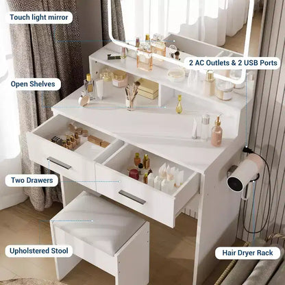 Coiffeuse avec miroir LED réglable 3 couleurs, petite table de maquillage avec prise de courant et 2 tiroirs, coiffeuse moderne et tabouret rembourré.