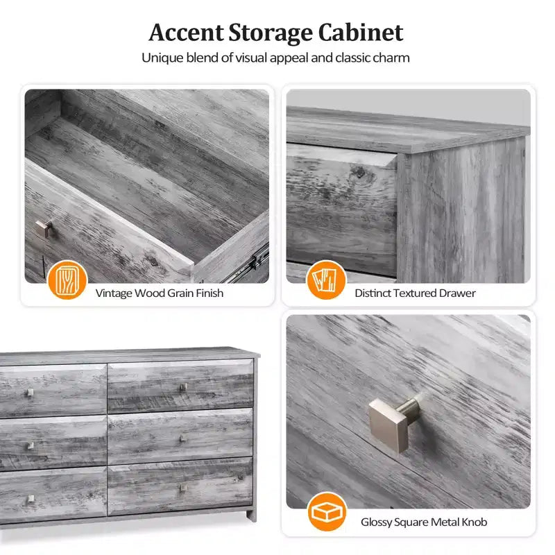 Karl Home 6-Drawer Grey MDF (Medium-Density Fiberboard) 53.94in. W Chest of Drawer