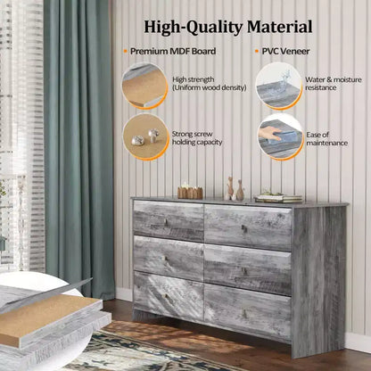 Karl Home 6-Drawer Grey MDF (Medium-Density Fiberboard) 53.94in. W Chest of Drawer