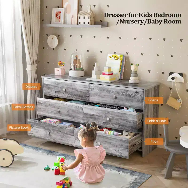 Karl Home 6-Drawer Grey MDF (Medium-Density Fiberboard) 53.94in. W Chest of Drawer